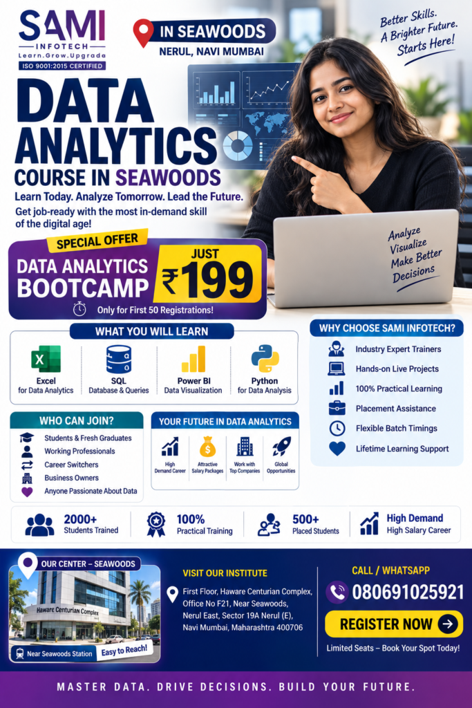 Students attending a Data Analytics Course in Seawoods learning Python, SQL, Excel, Power BI and AI at SAMI Institute of Technology