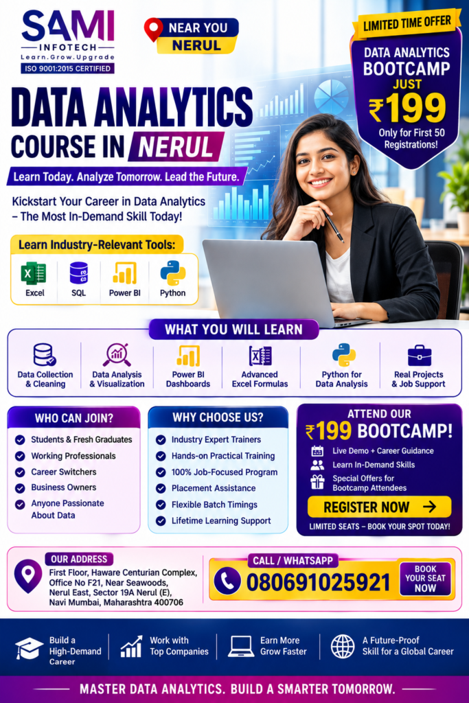 Students attending Data Analytics Course in Nerul learning Python, SQL, Excel, Power BI and AI at SAMI Institute of Technology