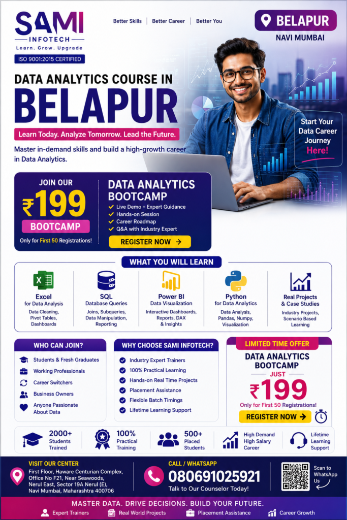 Students attending Data Analytics Course near Belapur covering Python, SQL, Excel, Power BI and AI at SAMI Institute of Technology