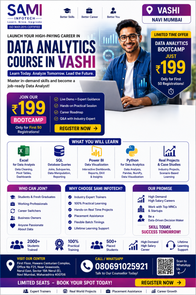 Students learning Python, SQL, Excel and Power BI in a Data Analytics Course near Vashi at SAMI Institute of Technology