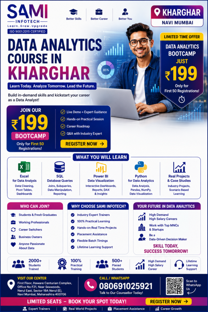 Students learning Python, SQL, Excel, Power BI and AI in a Data Analytics Course near Kharghar at SAMI Institute of Technology
