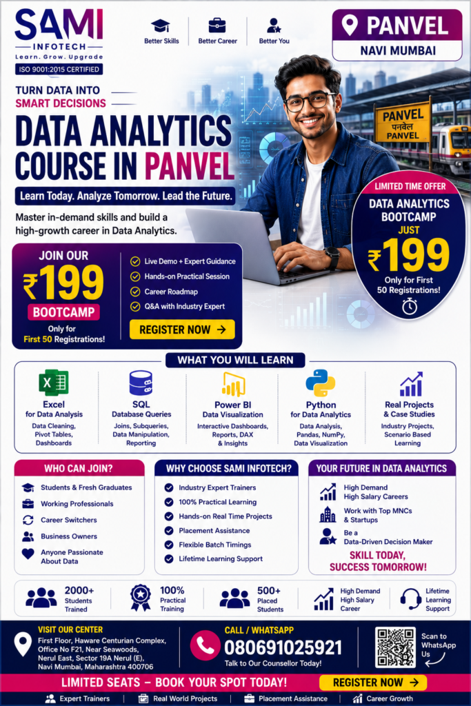Students from Panvel learning Python, SQL, Excel, Power BI and AI in a Data Analytics classroom at SAMI Institute of Technology