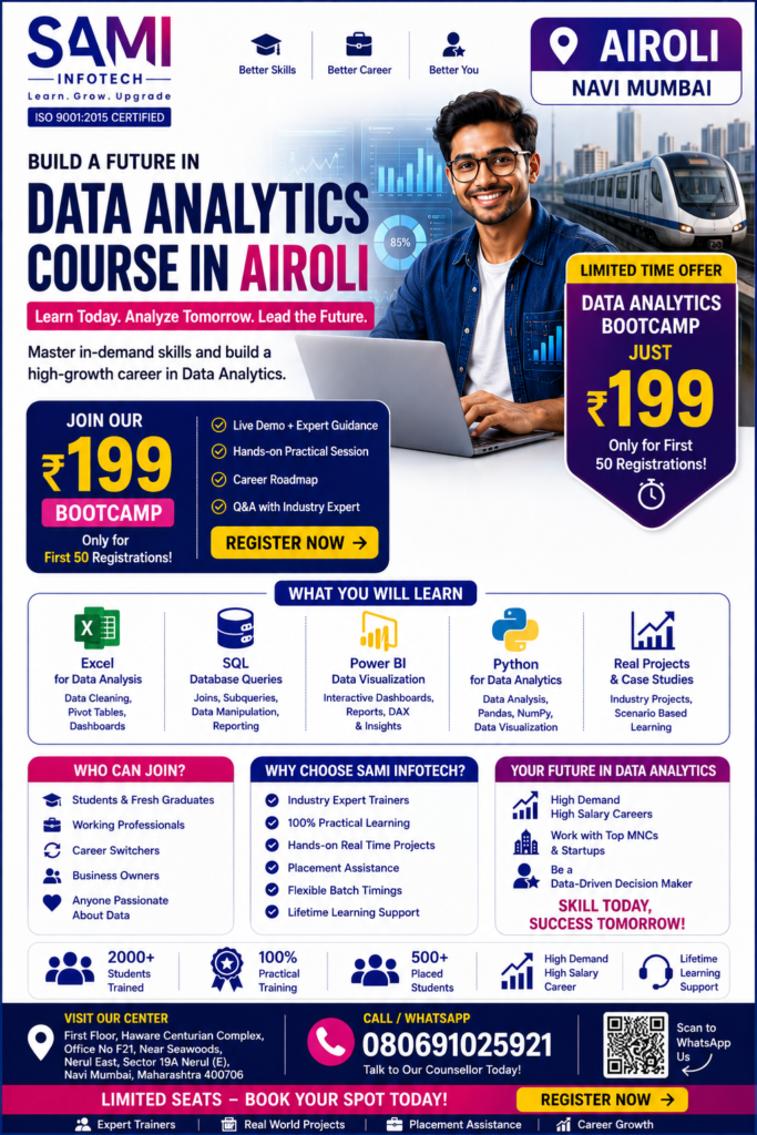Students from Airoli learning Python, SQL, Excel, Power BI and AI in a Data Analytics Course at SAMI Institute of Technology