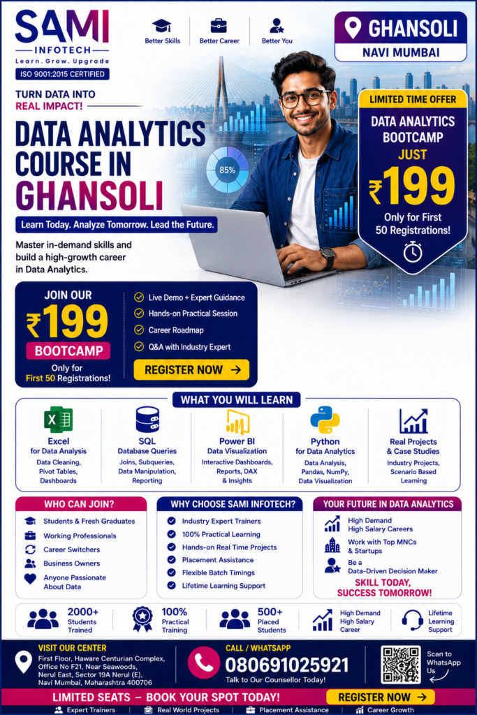 Students from Ghansoli learning Python, SQL, Excel, Power BI and AI in a Data Analytics classroom at SAMI Institute of Technology