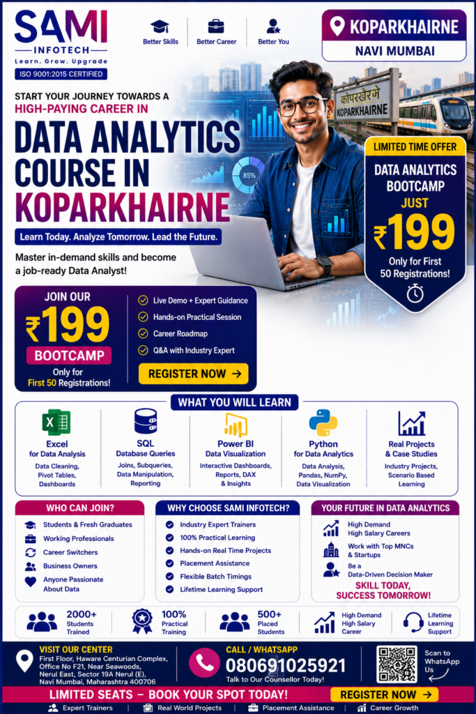 Students from Kopar Khairane learning Python, SQL, Excel, Power BI and AI in a Data Analytics Course at SAMI Institute of Technology
