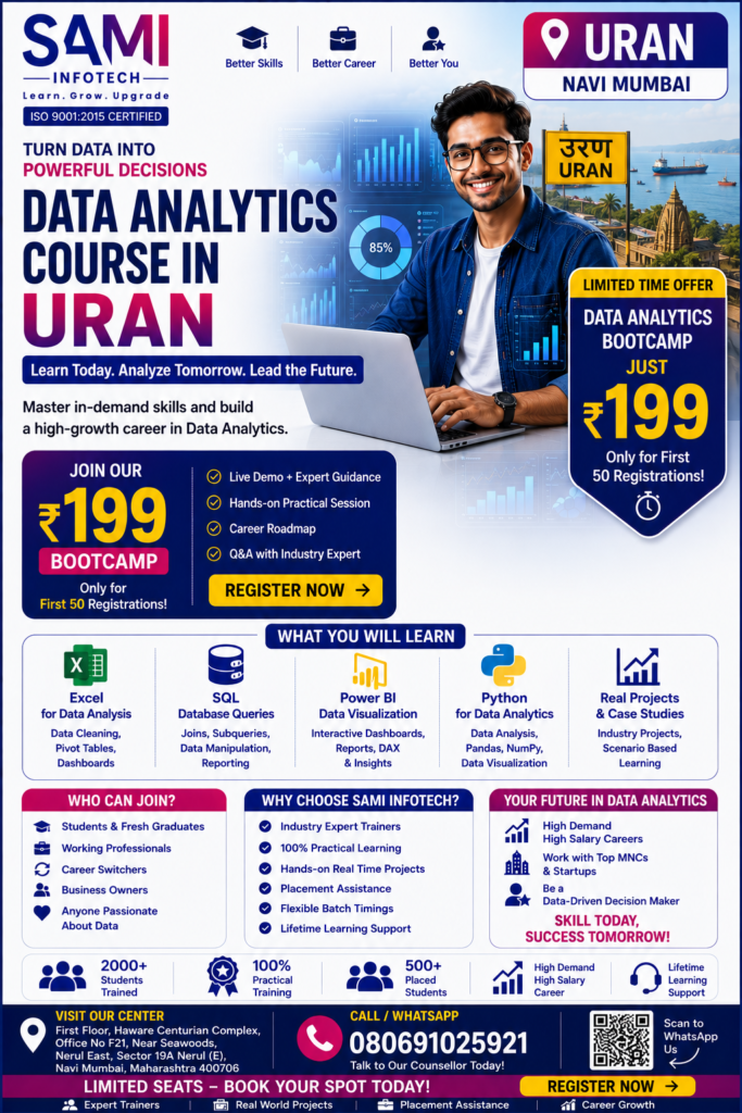 Students from Uran learning Python, SQL, Excel, Power BI and AI in a Data Analytics Course at SAMI Institute of Technology