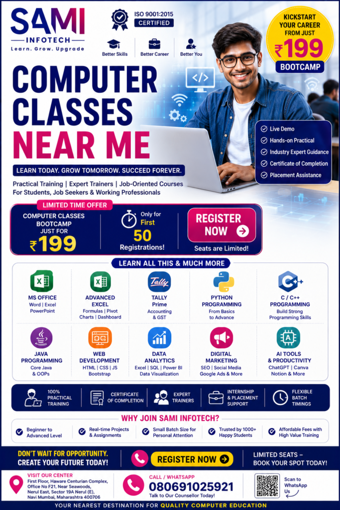 Best computer classes near me for MS Office, Advanced Excel, Tally, Python, AI, Data Analytics, Graphic Design, and Digital Marketing training