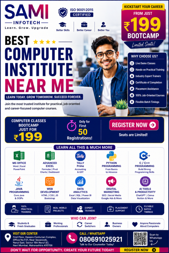 Best computer institute near me offering MS Office, Excel, Tally, Python, AI, Data Analytics, Digital Marketing, Graphic Design, and placement-oriented computer courses