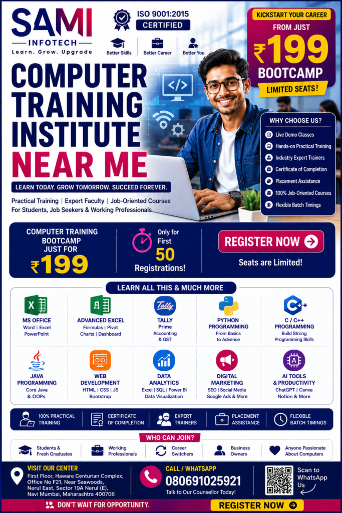 Best computer institute near me offering MS Office, Excel, Tally, Python, AI, Data Analytics, Digital Marketing, Graphic Design, and placement-oriented computer courses