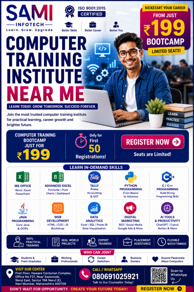 Computer training institute near me offering MS Office, Advanced Excel, Tally, Python, Data Analytics, AI, Digital Marketing, Graphic Design, and placement-oriented training