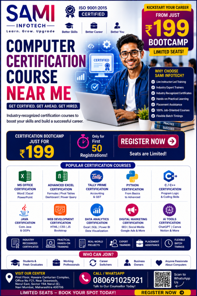 Computer certification course near me with MS Office, Advanced Excel, Python, Tally, Data Analytics, AI, Digital Marketing, Graphic Design, certification, and placement support