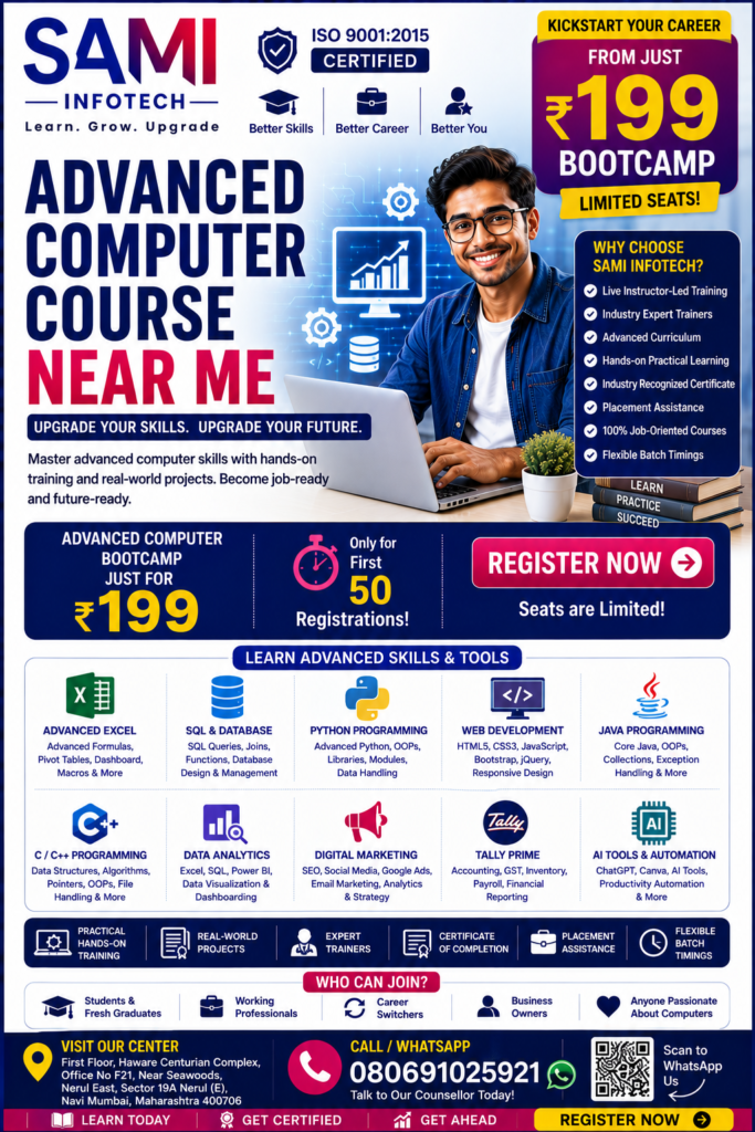 Advanced computer course near me with Advanced Excel, Python, AI, Data Analytics, Tally Prime, Digital Marketing, Graphic Design, Web Development, certification, and placement assistance