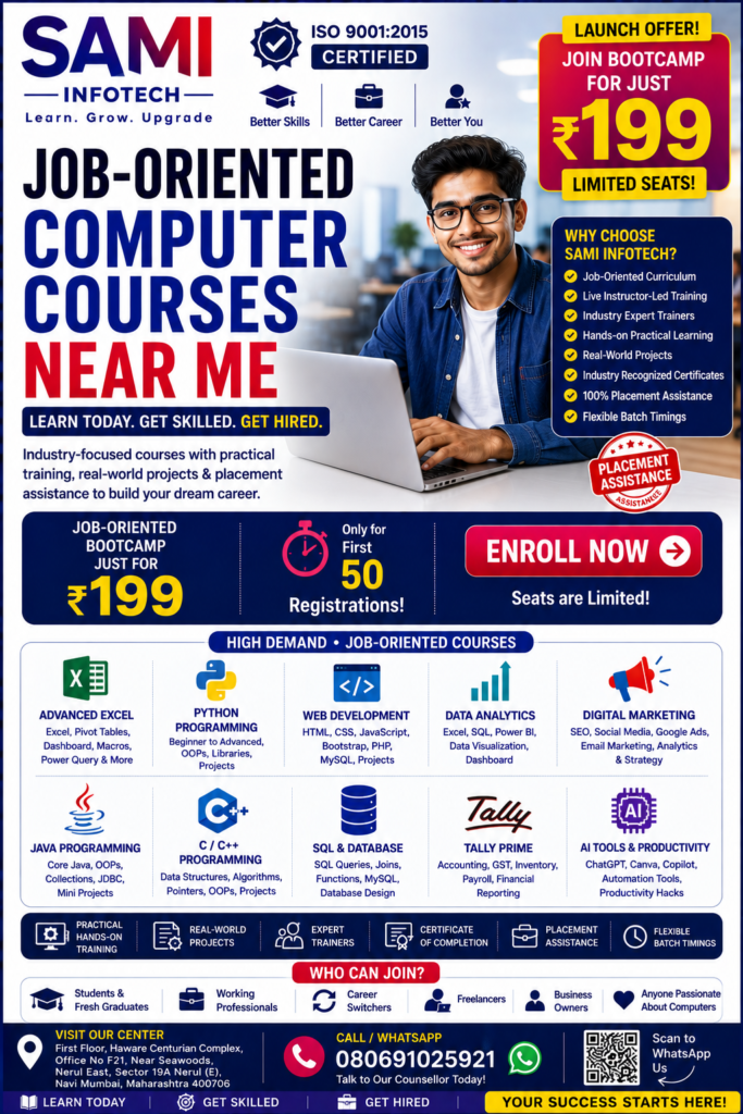 Job-oriented computer courses near me with Advanced Excel, MS Office, Python, Data Analytics, AI, Tally, Digital Marketing, Graphic Design, certification, internship, and placement assistance