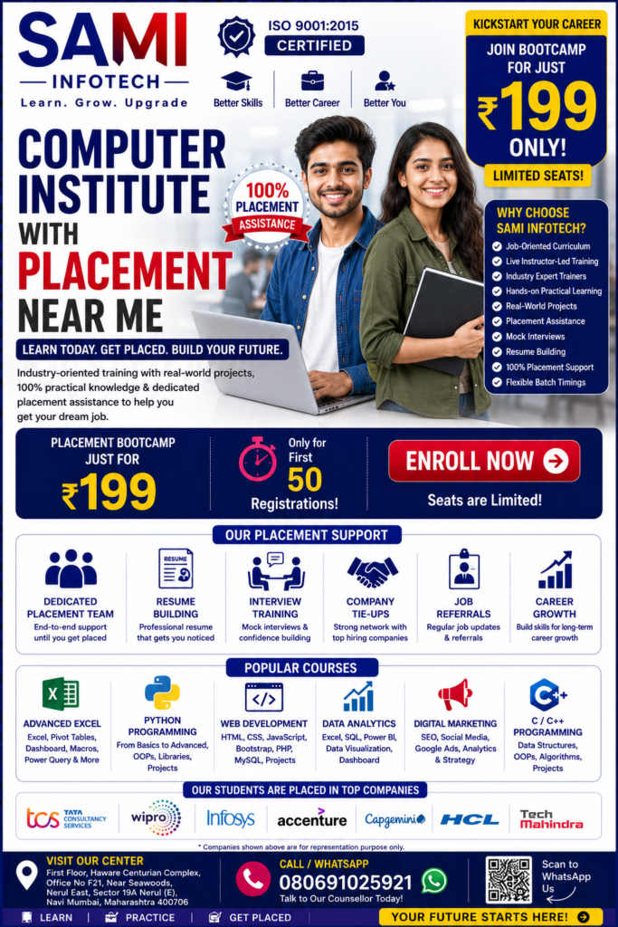 Computer institute with placement near me offering MS Office, Advanced Excel, Python, Data Analytics, AI, Tally, Digital Marketing, Graphic Design, internships, certification, and placement assistance
