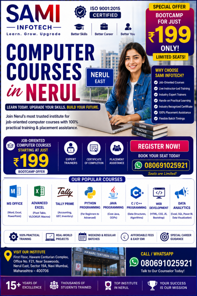 Computer Courses in Nerul with MS Office, Advanced Excel, Tally, Python, Data Analytics, AI, Digital Marketing, Graphic Design, certification, and placement assistance