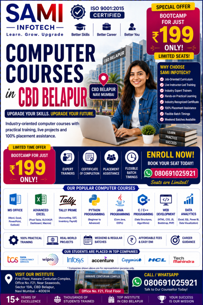 Computer Courses in CBD Belapur offering MS Office, Advanced Excel, Python, Tally, Data Analytics, AI, Digital Marketing, Graphic Design, certification, and placement assistance