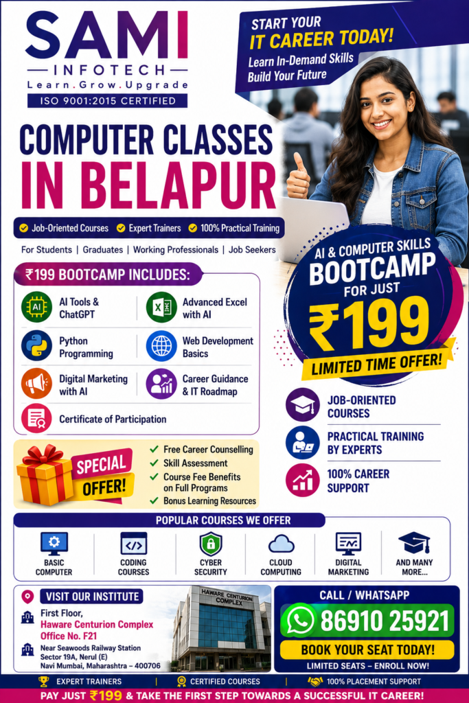 Students learning programming and computer applications at a professional computer training institute in Belapur, Navi Mumbai