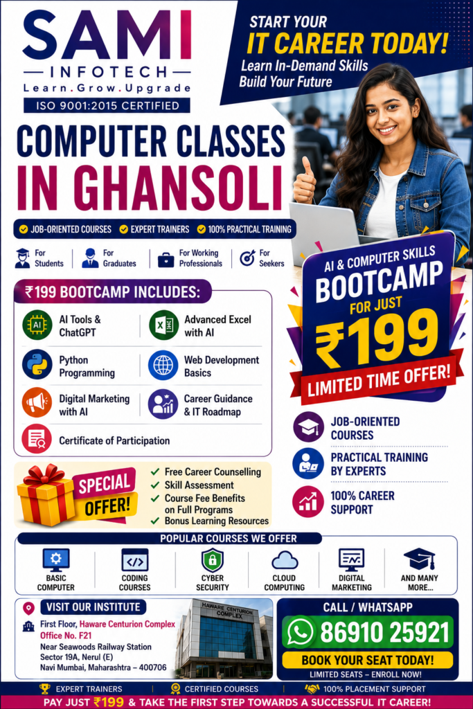 Students attending practical computer programming and IT training classes in Ghansoli, Navi Mumbai