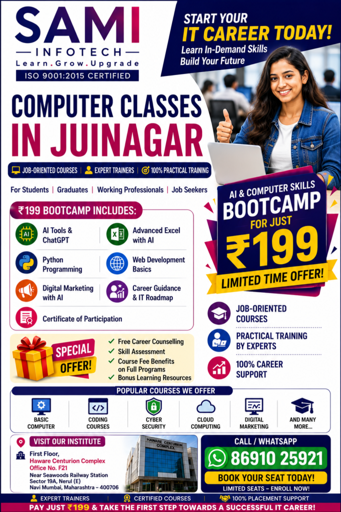 Students learning programming, software development, and computer applications at a computer training institute in Juinagar, Navi Mumbai